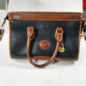 Dooney & Bourke 1990s All Weather Leather Bag Tote Navy and Tan Classic Chic
